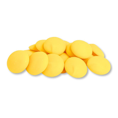 Yellow vanilla-flavored candy coating and melting wafers from Candy In Bulk, chocolate coating in a bulk value bag.
