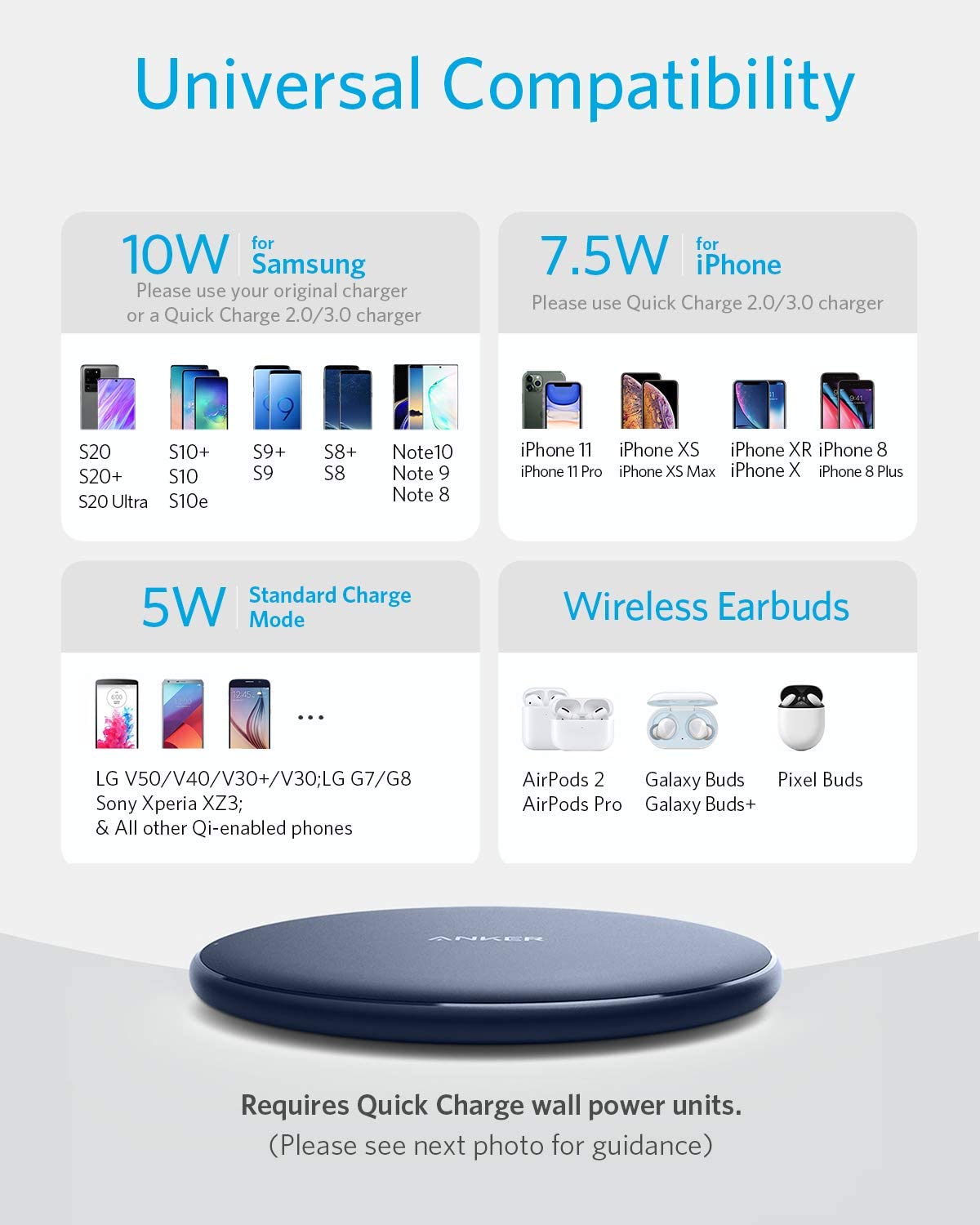 Anker 313 wireless charging pad for smartphones, slim black pad with charging indicator light on a desk.