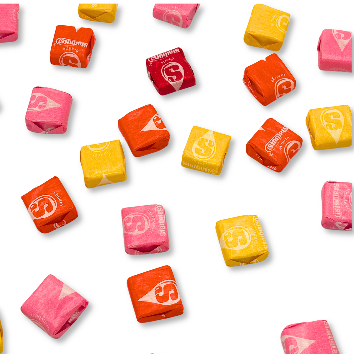 Assorted Starburst Original Fruit Chews in a bulk candy bag, featuring vibrant yellow, pink, orange, and red fruit chew pieces.