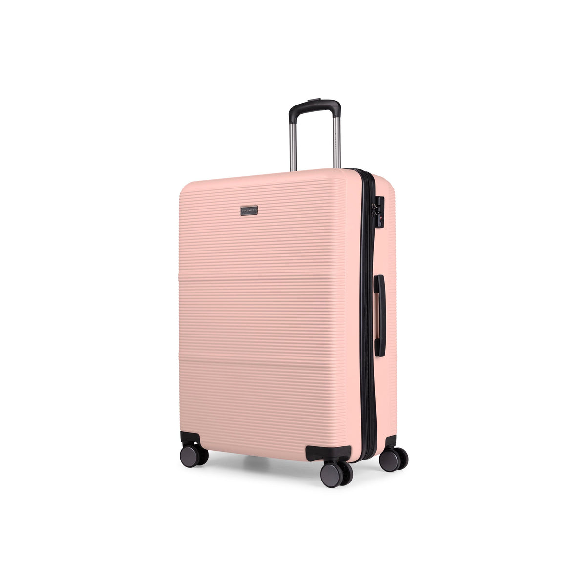 Pink Brussels medium check-in luggage by Bugatti Travel with hard-shell design and four spinner wheels, viewed from an angle.
