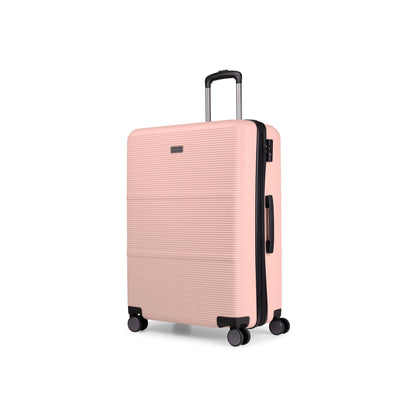 Pink Brussels medium check-in luggage by Bugatti Travel with hard-shell design and four spinner wheels, viewed from an angle.