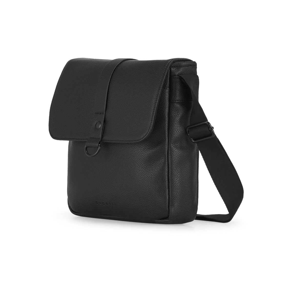 Black Henry crossbody bag by Bugatti Collections with adjustable strap and sleek design, shown from an angled side view.