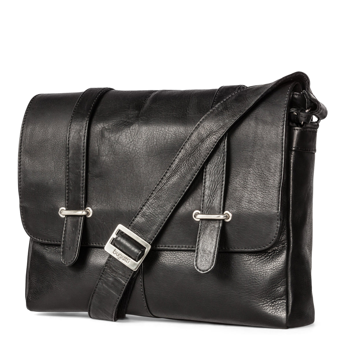 Black Bugatti Collections Colombia Messenger Bag with adjustable strap and multiple compartments, stylish and functional for daily use.