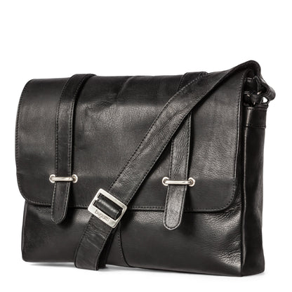 Black Bugatti Collections Colombia Messenger Bag with adjustable strap and multiple compartments, stylish and functional for daily use.