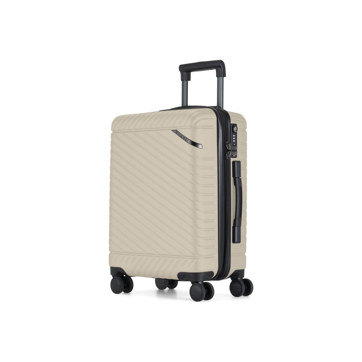 Three-piece Bugatti Travel Oslo luggage set in oatmeal, showing side and front views of the durable suitcases.
