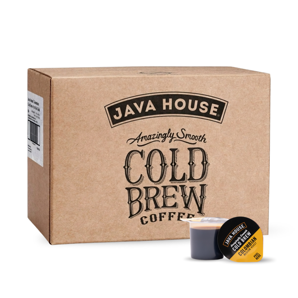 Java House Cold Brew Coffee Pods in Colombian flavor, front view of new box with 48 pods for home brewing.