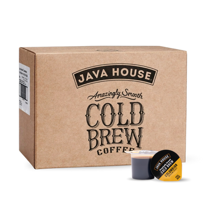 Java House Cold Brew Coffee Pods in Colombian flavor, front view of new box with 48 pods for home brewing.
