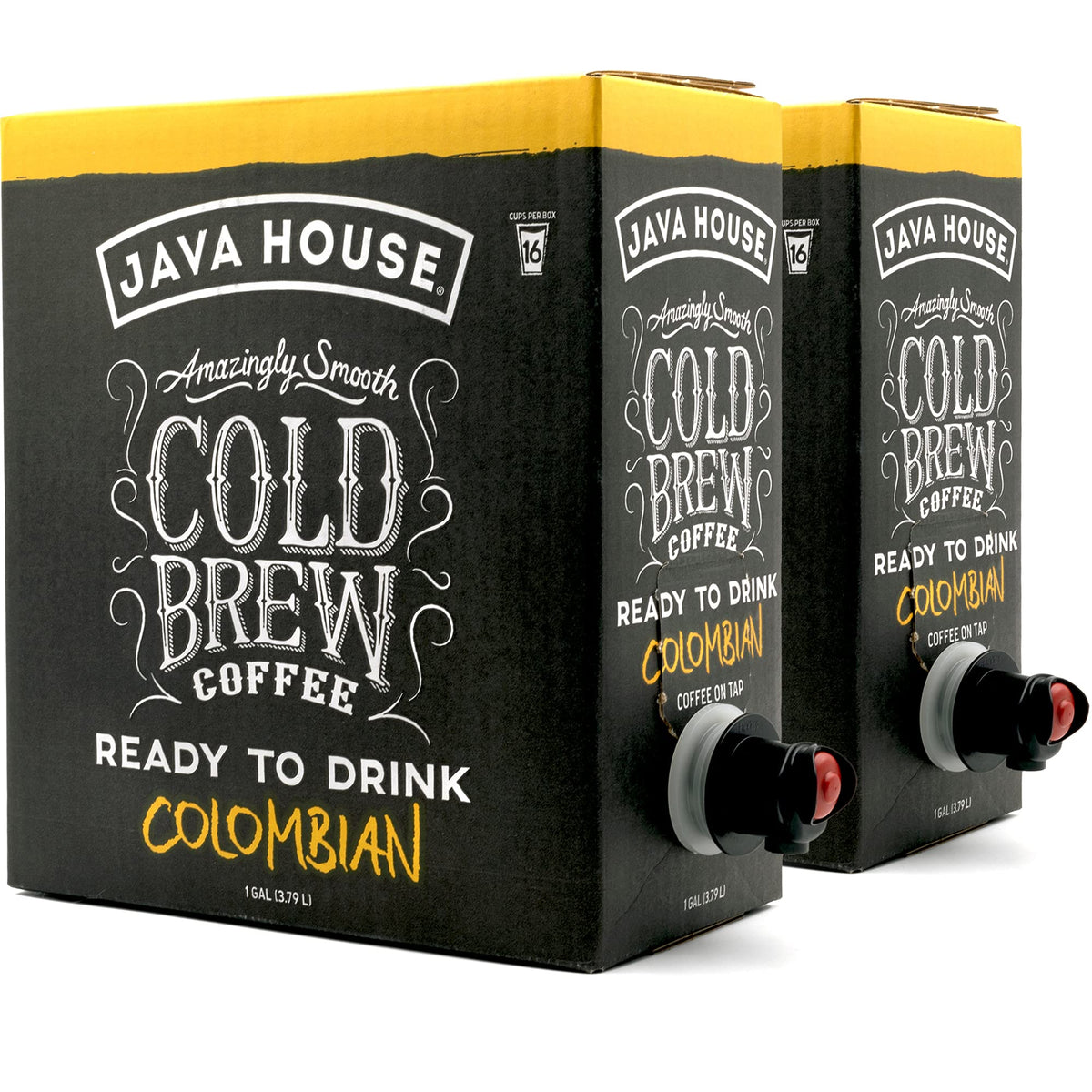Two-pack of Colombian cold brew coffee on tap from Java House, showing sleek bottles ready for serving.