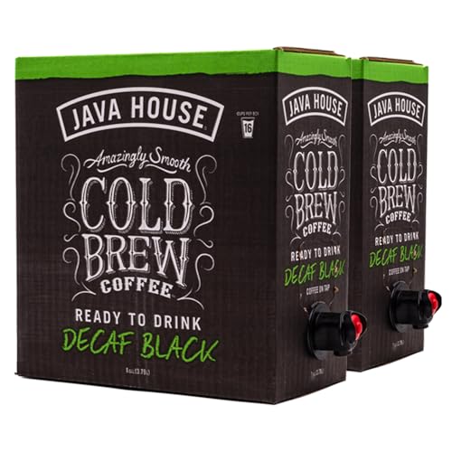 Two-pack of decaf cold brew coffee on tap from Java House, showcasing black coffee in clear BIB containers.