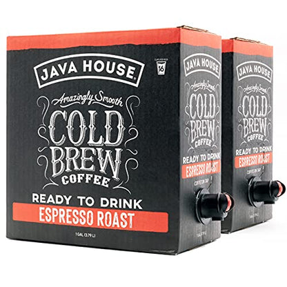 Two-pack of Java House Cold Brew on Tap coffee in BIB containers, ready for easy dispensing and fresh iced coffee.