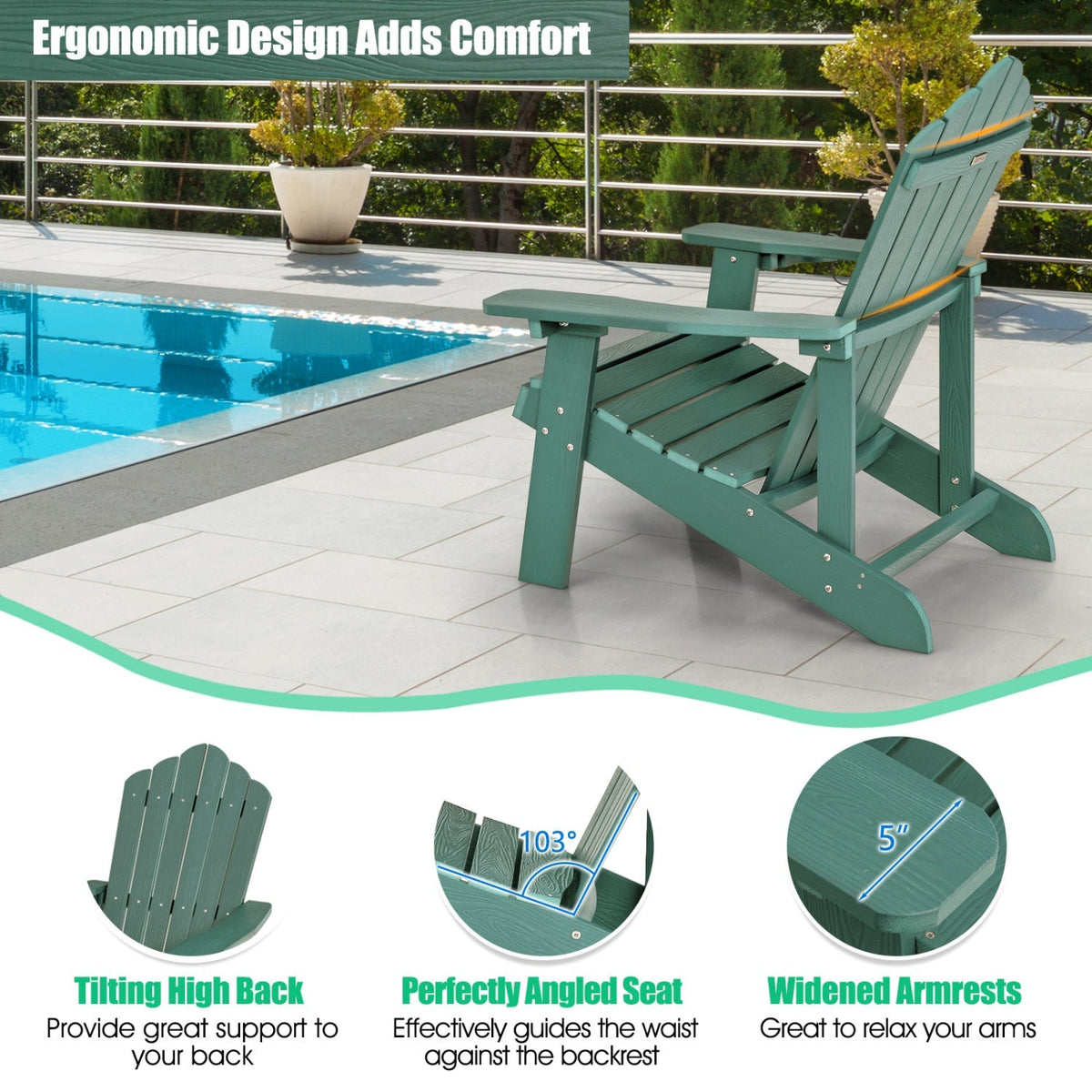 Pair of GBruno Store Adirondack chairs for adults and kids, outdoor patio set, showing wooden chairs with curved backs and armrests.