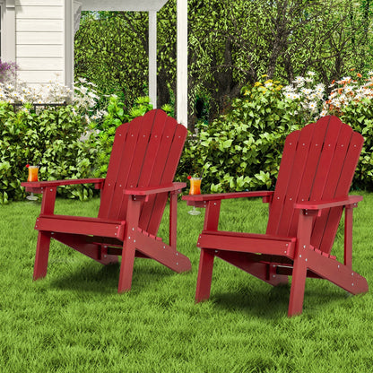 Pair of GBruno Store adult and kids Adirondack chairs on patio, showcasing wooden outdoor furniture set with wide armrests and slatted design.