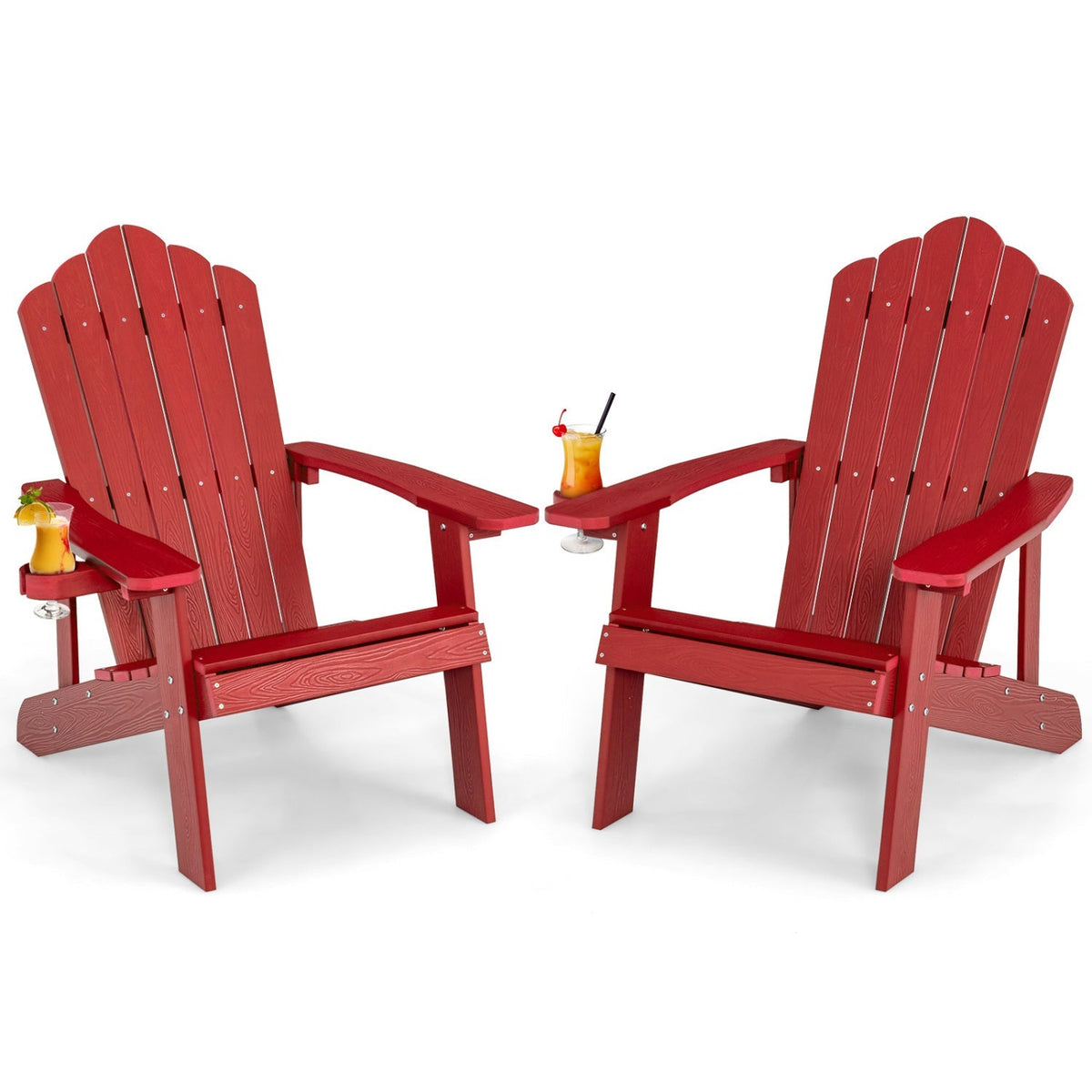Set of two GBruno Store Adirondack chairs, adult and kids size, outdoor patio furniture with wide armrests and slatted backrests.