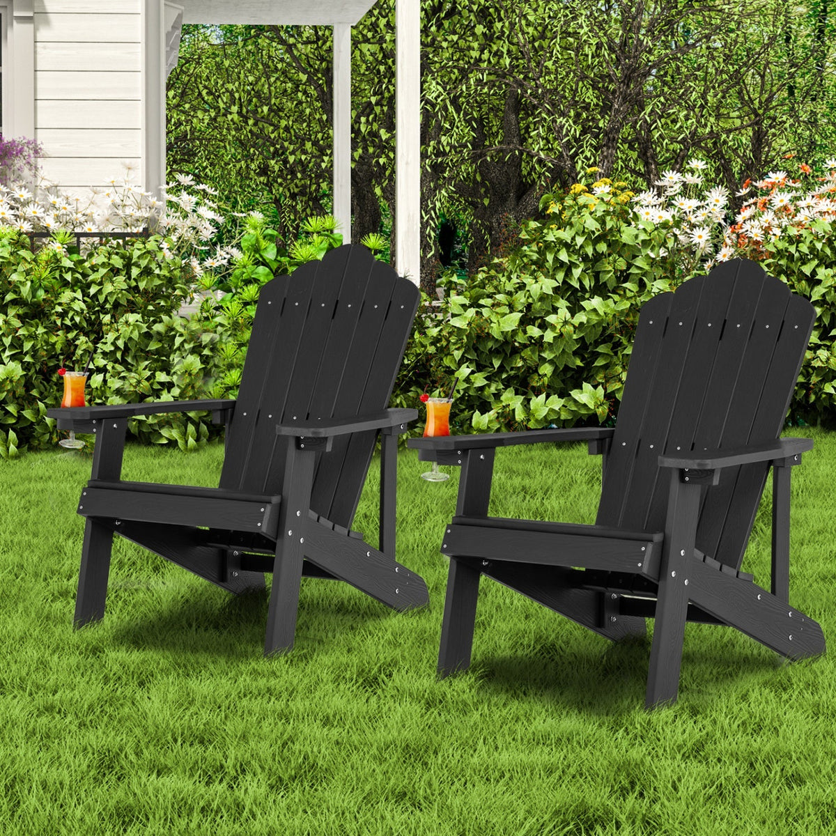 Pair of GBruno Store Adirondack chairs for adults and kids, outdoor patio set, featuring wide armrests and classic design.