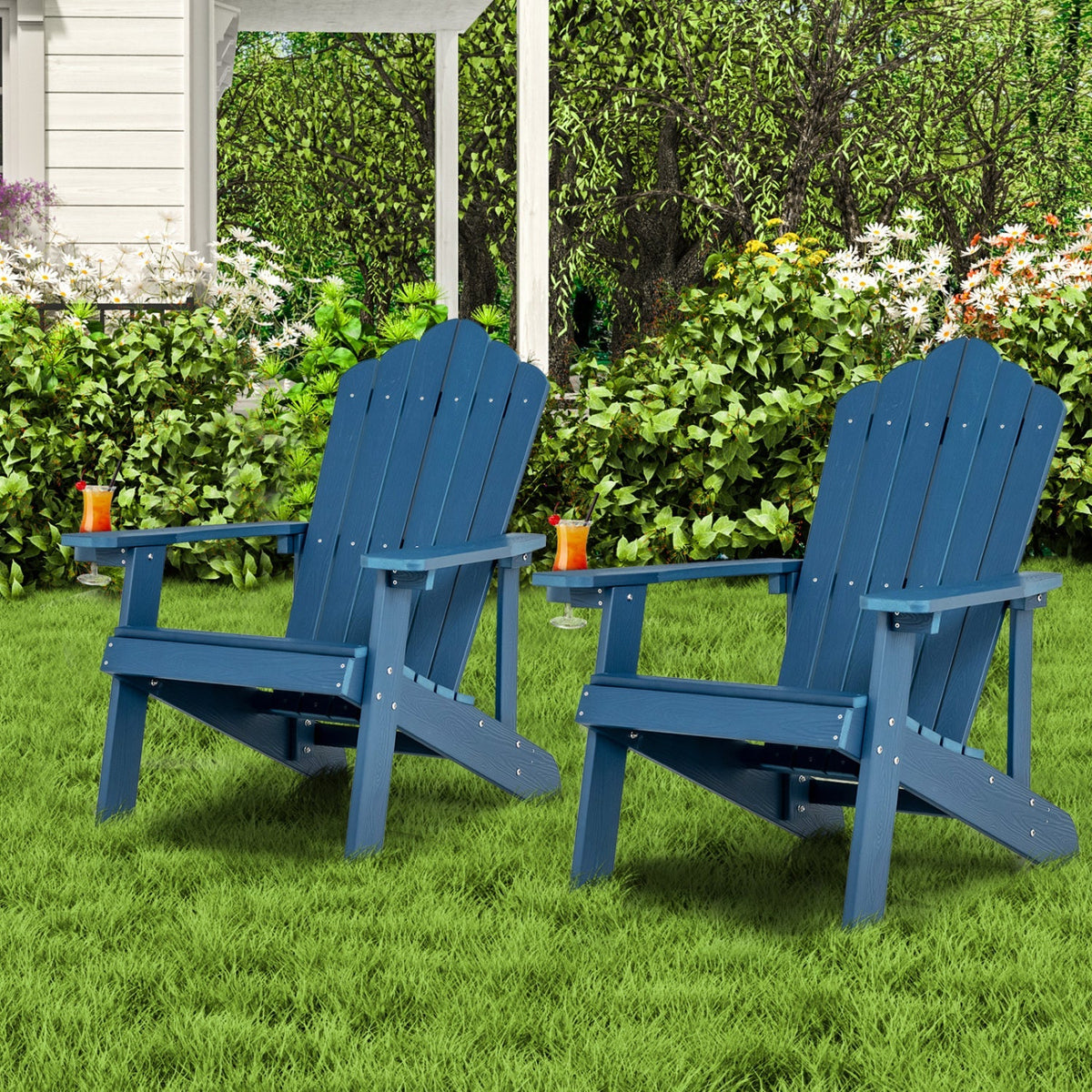 Pair of GBruno Store Adirondack chairs for adults and kids, perfect for patio relaxation, shown in a natural outdoor setting.