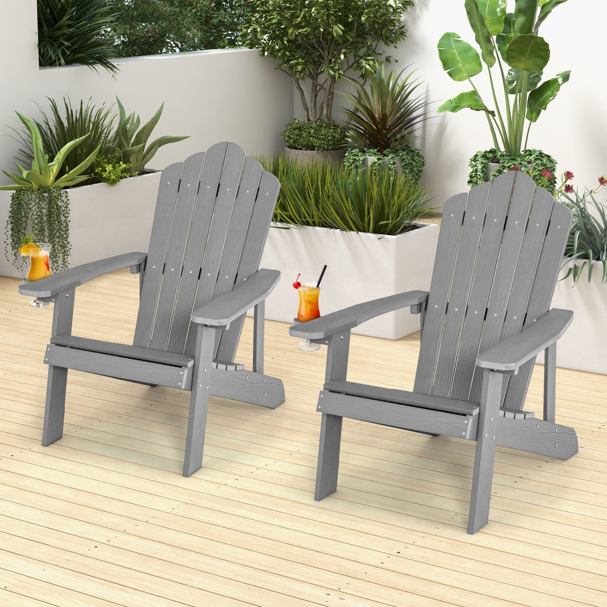 Pair of GBruno Adirondack chairs for adults and kids, perfect for patio outdoor seating, shown in a natural wood finish.
