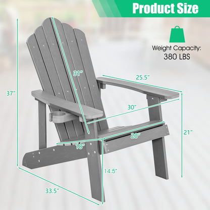 Pair of GBruno Store Adirondack chairs, adult and kids size, outdoor patio set with wooden seats and wide armrests.