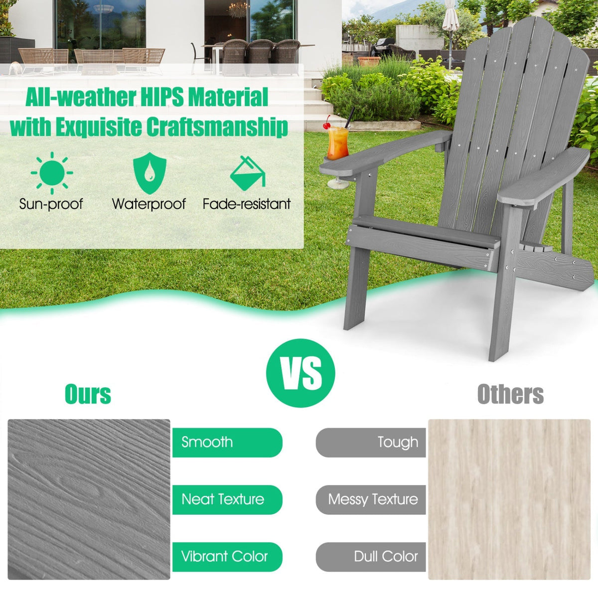 Pair of GBruno Store Adirondack chairs for adults and kids, perfect for patio relaxation, shown in outdoor setting.