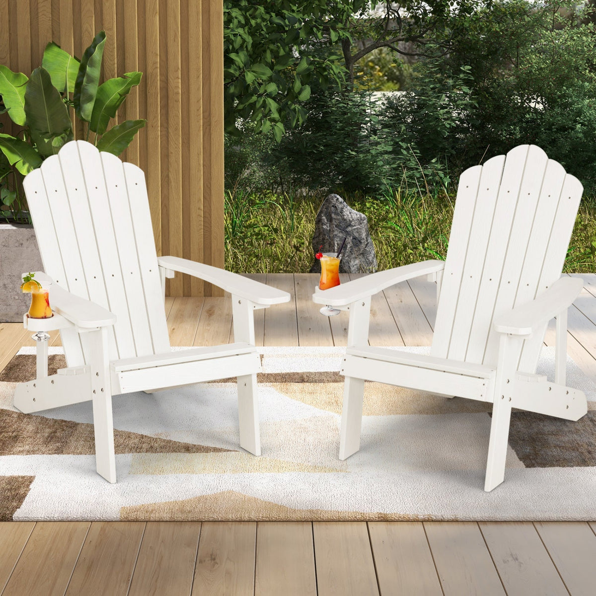 Pair of GBruno Adirondack chairs for adults and kids, outdoor patio set with two comfortable, rustic wooden chairs.