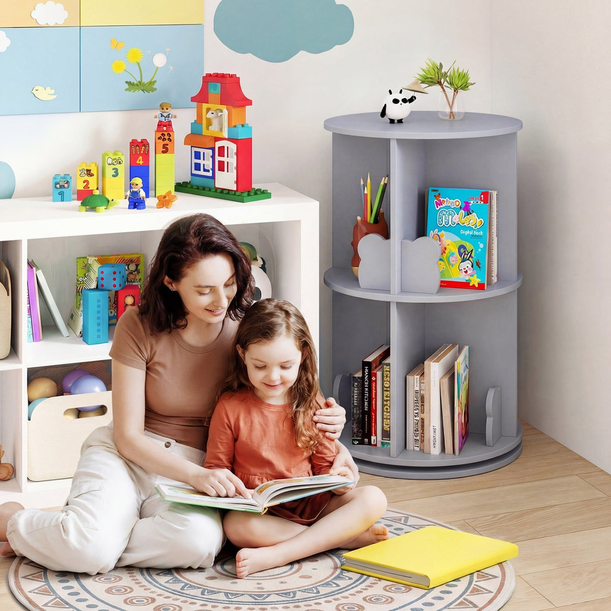 Kids GBruno Store rotating 2-tier bookshelf with bear baffles for easy storage and organization of children's books.