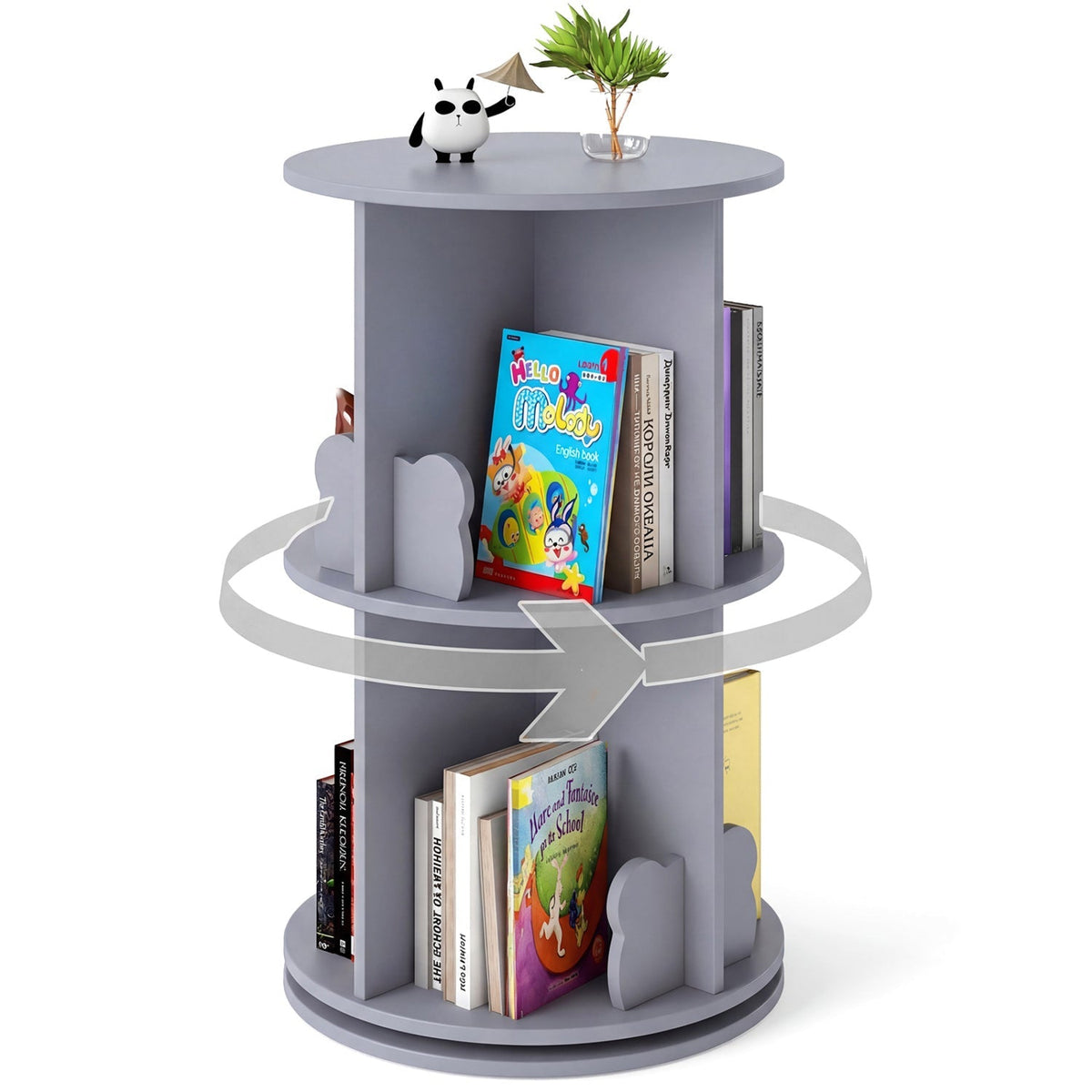 Kids rotating bookshelf by GBruno Store featuring two-tier storage with bear-shaped baffles for kids' books and easy access.