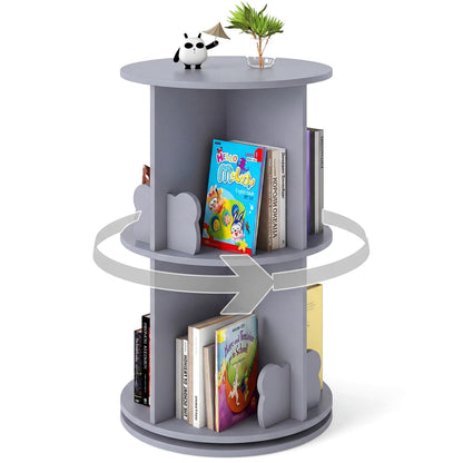 Kids rotating bookshelf by GBruno Store featuring two-tier storage with bear-shaped baffles for kids' books and easy access.