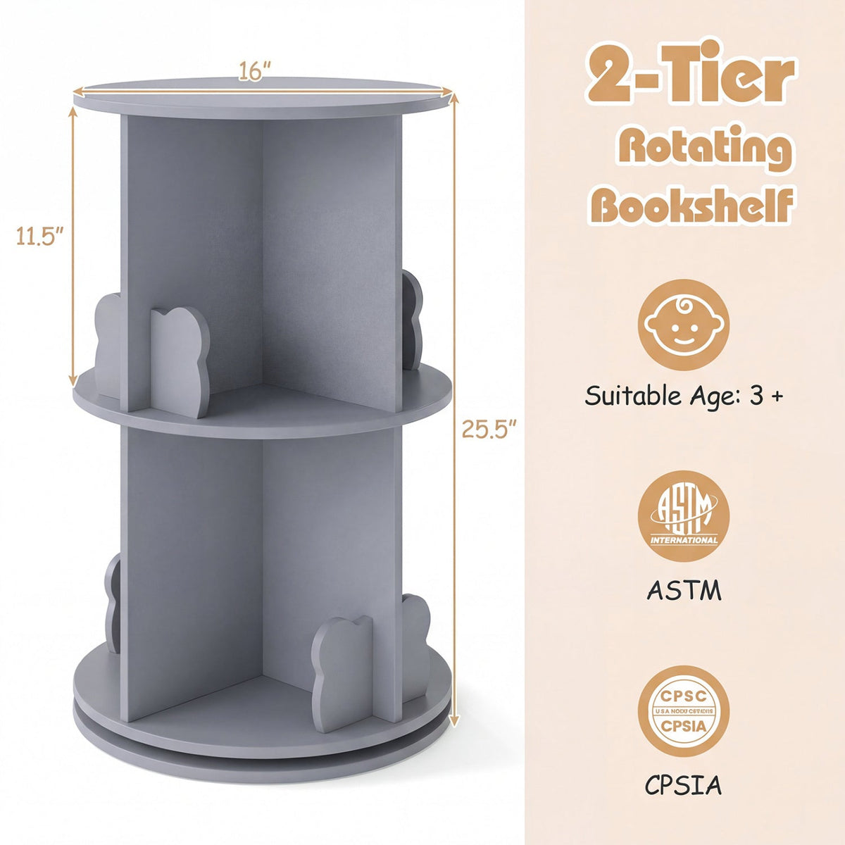Kids GBruno Store 2-tier rotating bookshelf with bear baffles, freestanding kids bookshelf for organizing books and toys.