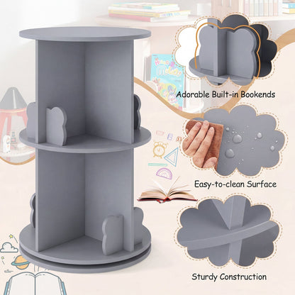 Kids rotating bookshelf by GBruno Store with two tiers and bear-shaped baffles, ideal for children's book storage and display.