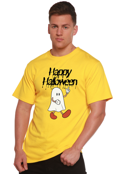Happy Halloween men's short sleeve graphic T-shirt by Spun Bamboo, featuring Halloween-themed printed design on bamboo viscose and organic cotton.