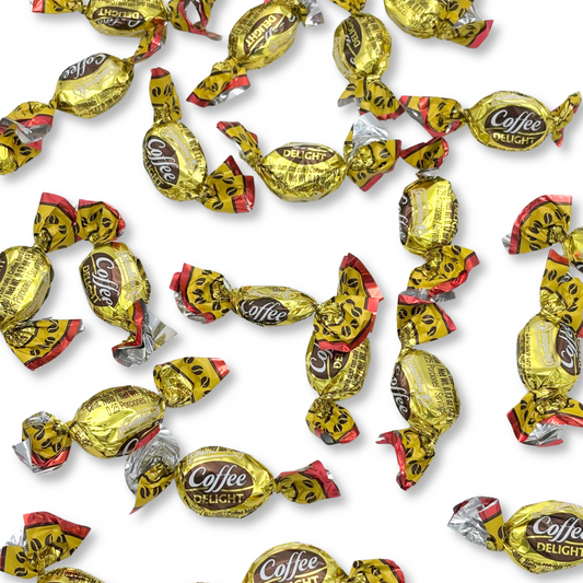 Colombina Coffee Delight coffee-flavored hard candies from Candy In Bulk in a bulk value bag, showing shiny wrapped candies.