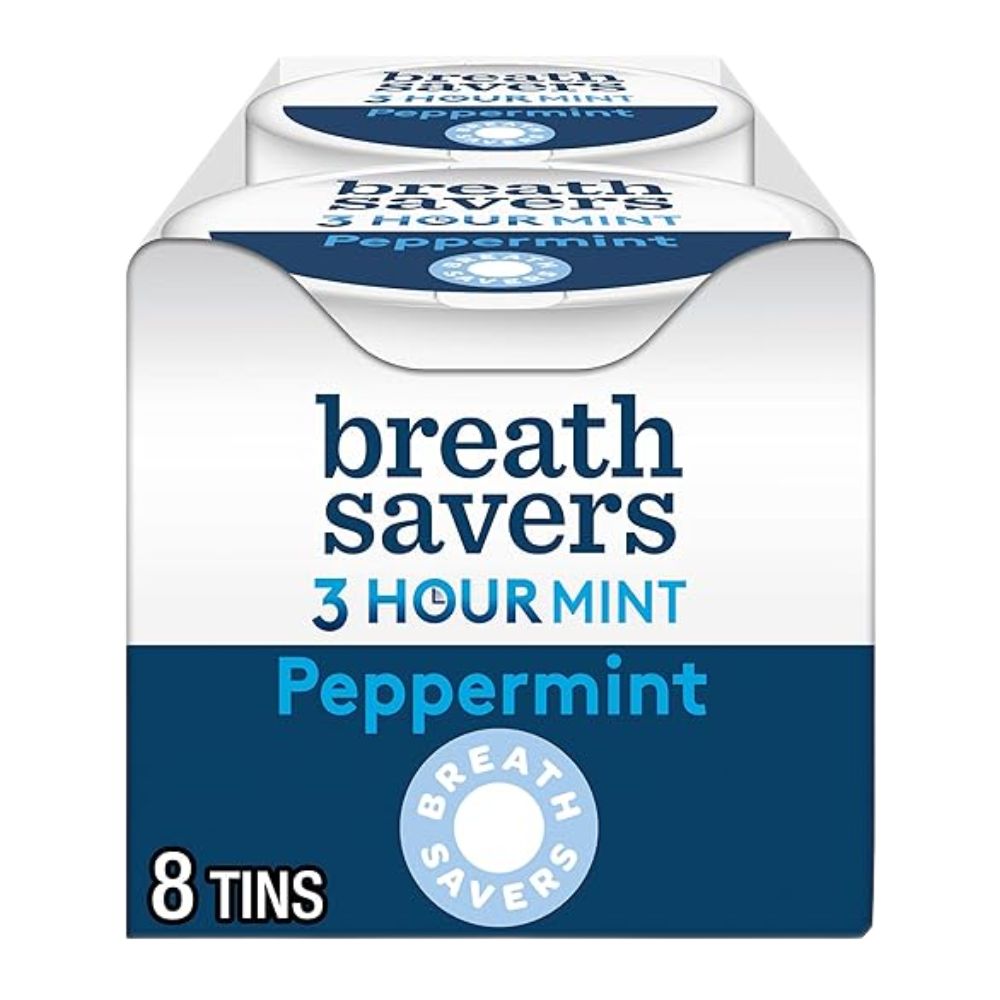Candy In Bulk Breath Savers 3 Hour Mint sugar-free peppermint mints in a 1.27 oz tin, showing the round mint candies inside.