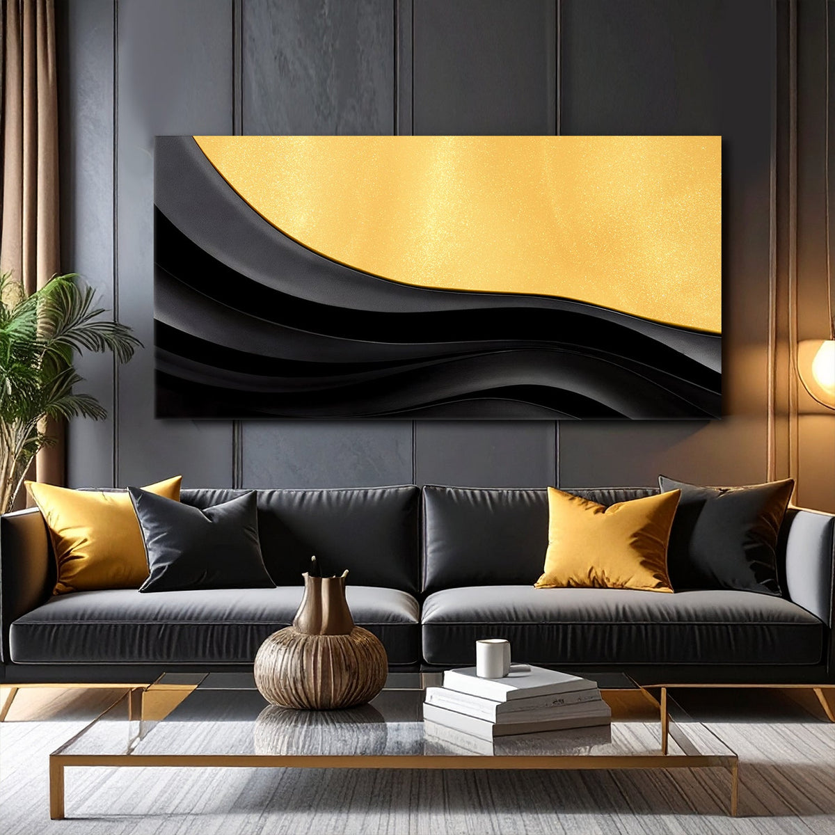 Black and gold minimalist abstract canvas artwork with geometric shapes, by Tailored Canvases.