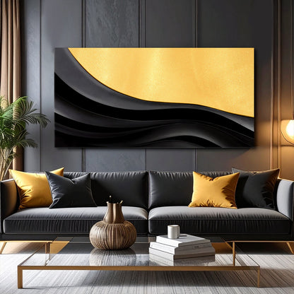 Black and gold minimalist abstract canvas artwork with geometric shapes, by Tailored Canvases.