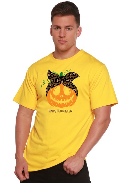 Happy Halloween men's graphic T-shirt by Spun Bamboo featuring a Halloween-themed print on short sleeve bamboo viscose and organic cotton fabric.