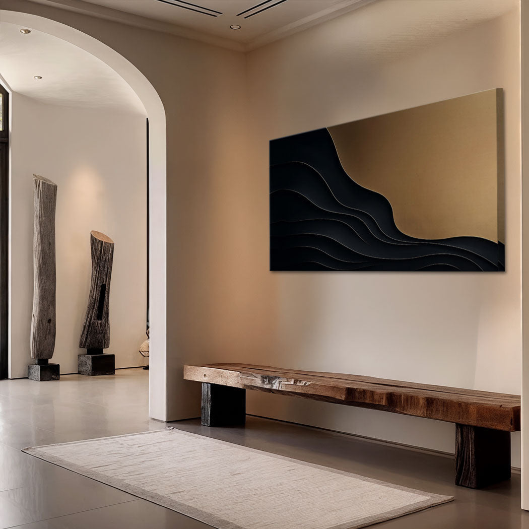 Black and gold minimalist abstract X on canvas by Tailored Canvases, featuring modern geometric design and sleek artistic style.