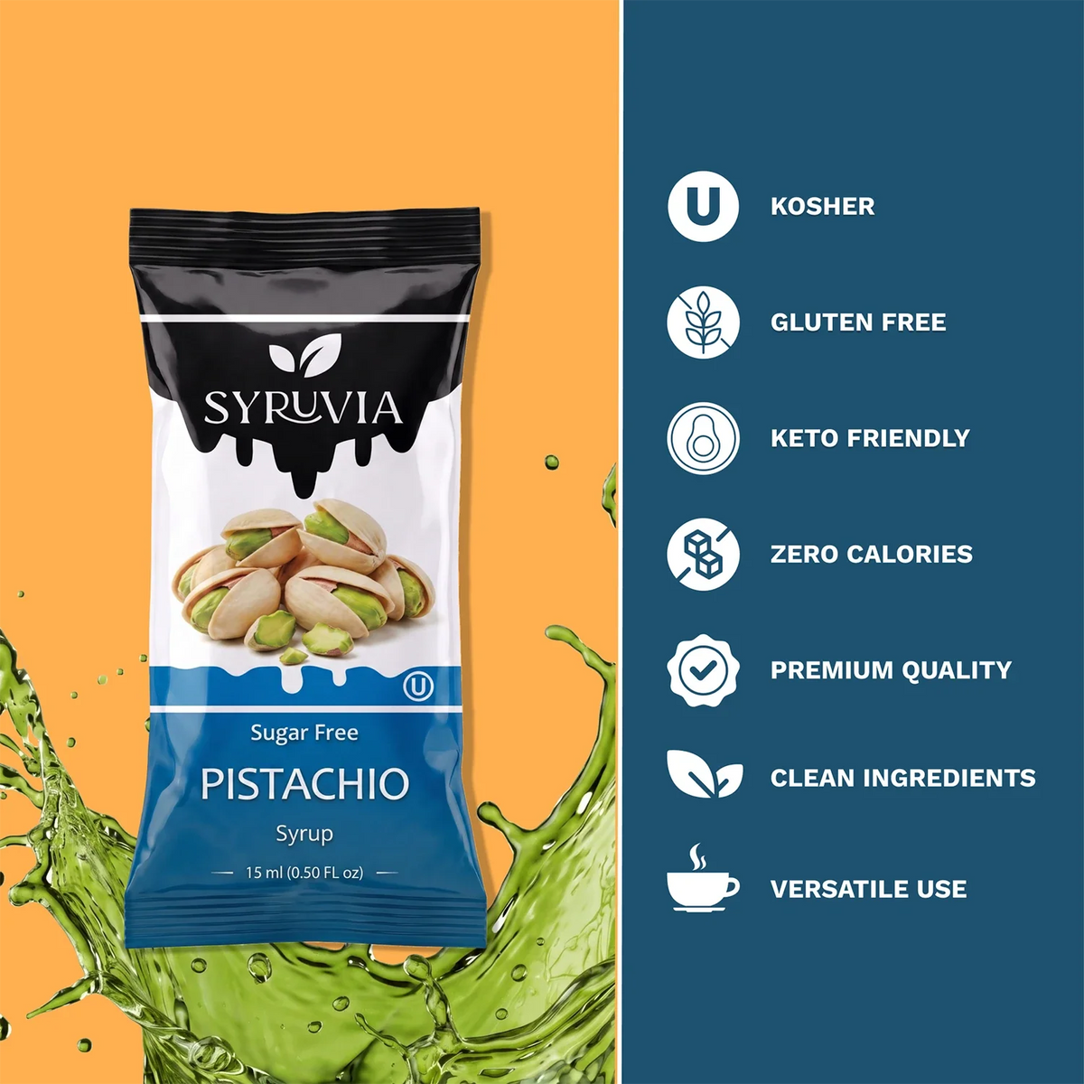 Two Syruvia sugar-free pistachio syrup pouches with vibrant green and purple packaging, perfect for flavoring beverages.