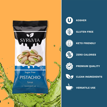 Two Syruvia sugar-free pistachio syrup pouches with vibrant green and purple packaging, perfect for flavoring beverages.
