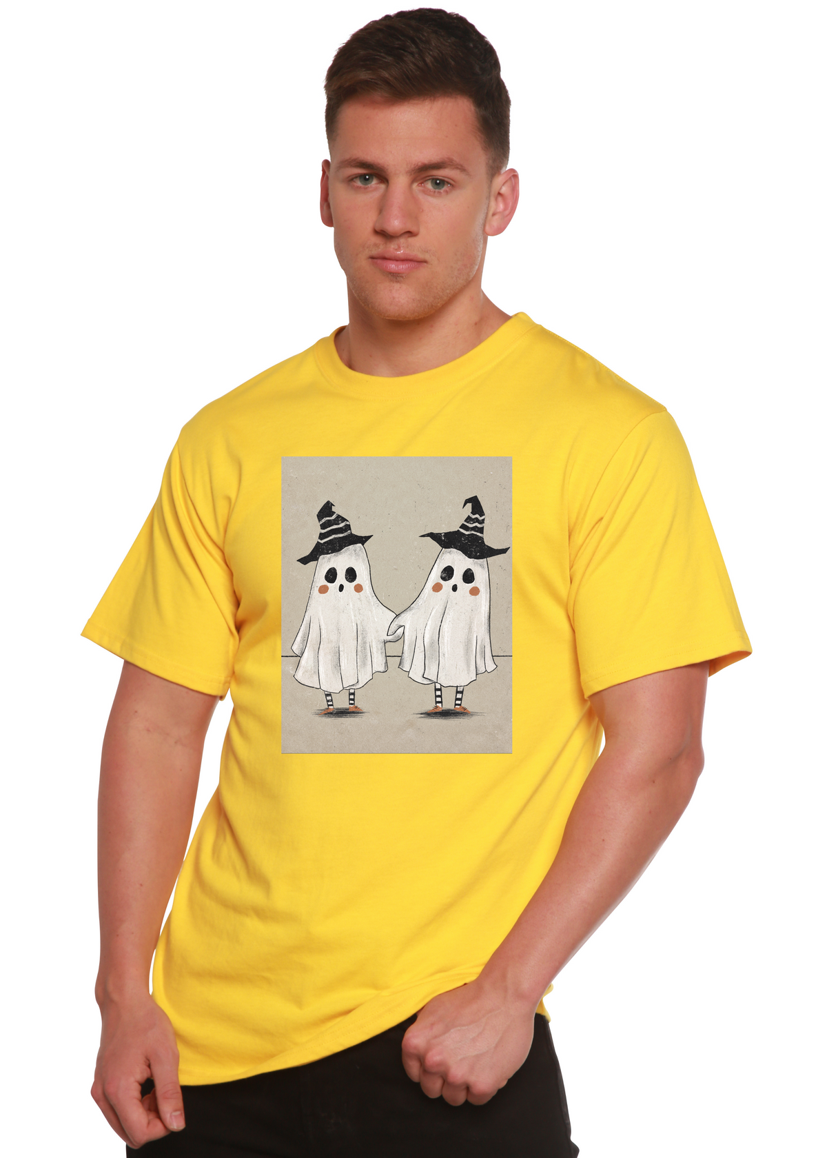 Spun Bamboo men's ghost graphic t-shirt with short sleeves, made from bamboo viscose and organic cotton, featuring a cute ghost print.