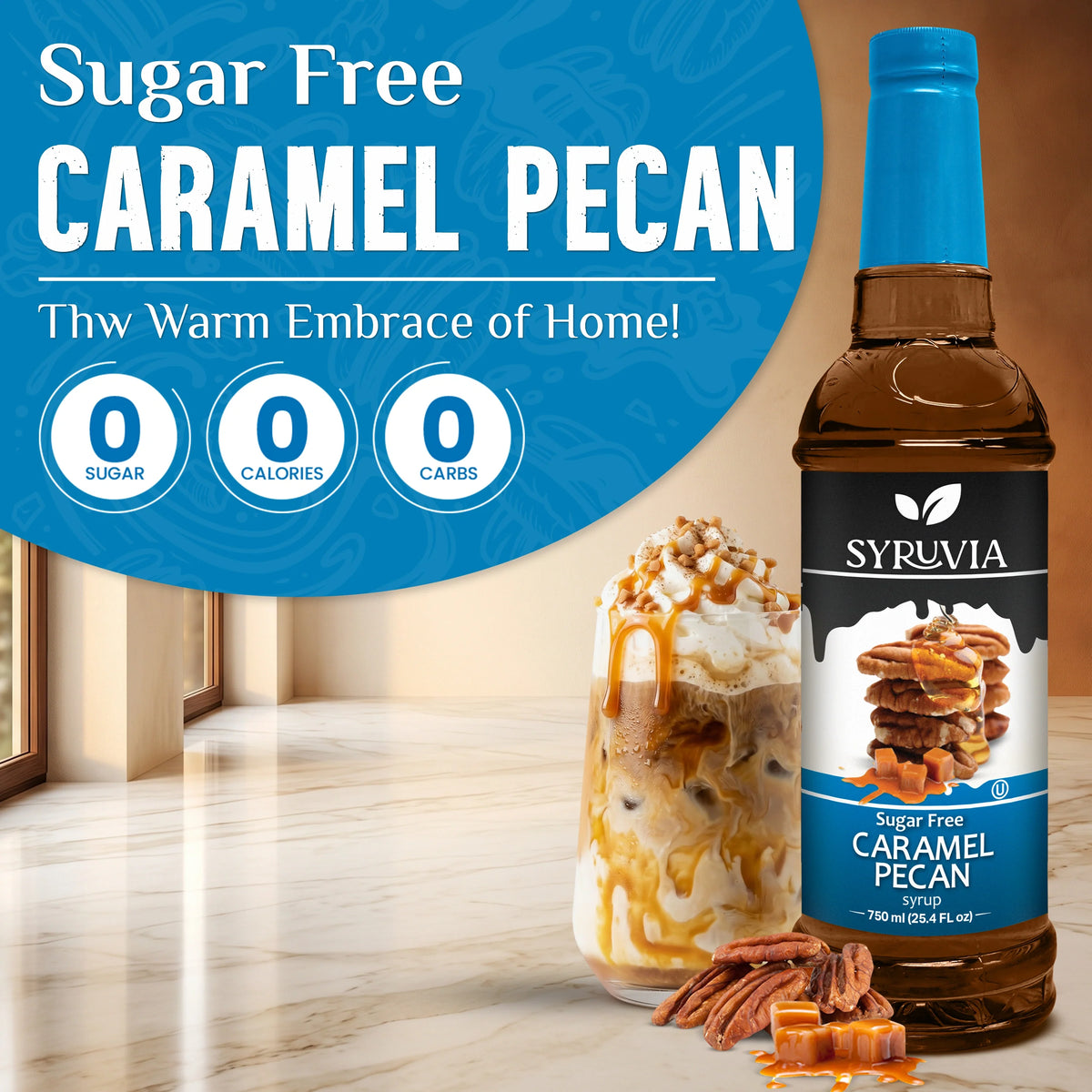 Bottle of Syruvia sugar-free caramel pecan syrup with a label, showcasing the product inside a clear glass container.