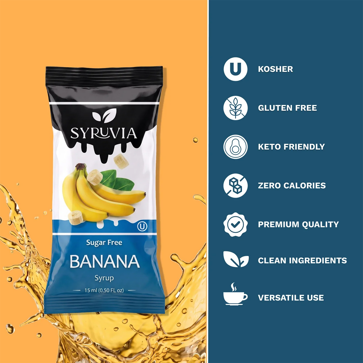 Two sugar-free banana syrup pouches by Syruvia, showing vibrant yellow banana flavor branding on the packaging.