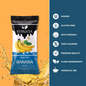 Two sugar-free banana syrup pouches by Syruvia, showing vibrant yellow banana flavor branding on the packaging.