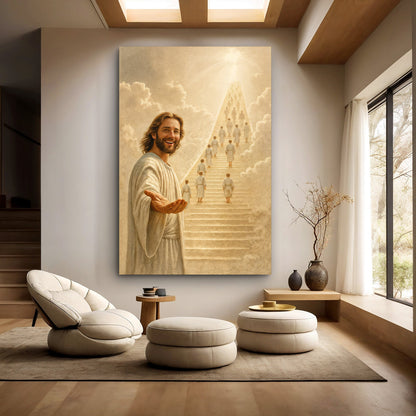 Canvas wall art titled "Stairway To Heaven Faith" by Tailored Canvases, featuring a serene staircase and celestial imagery.