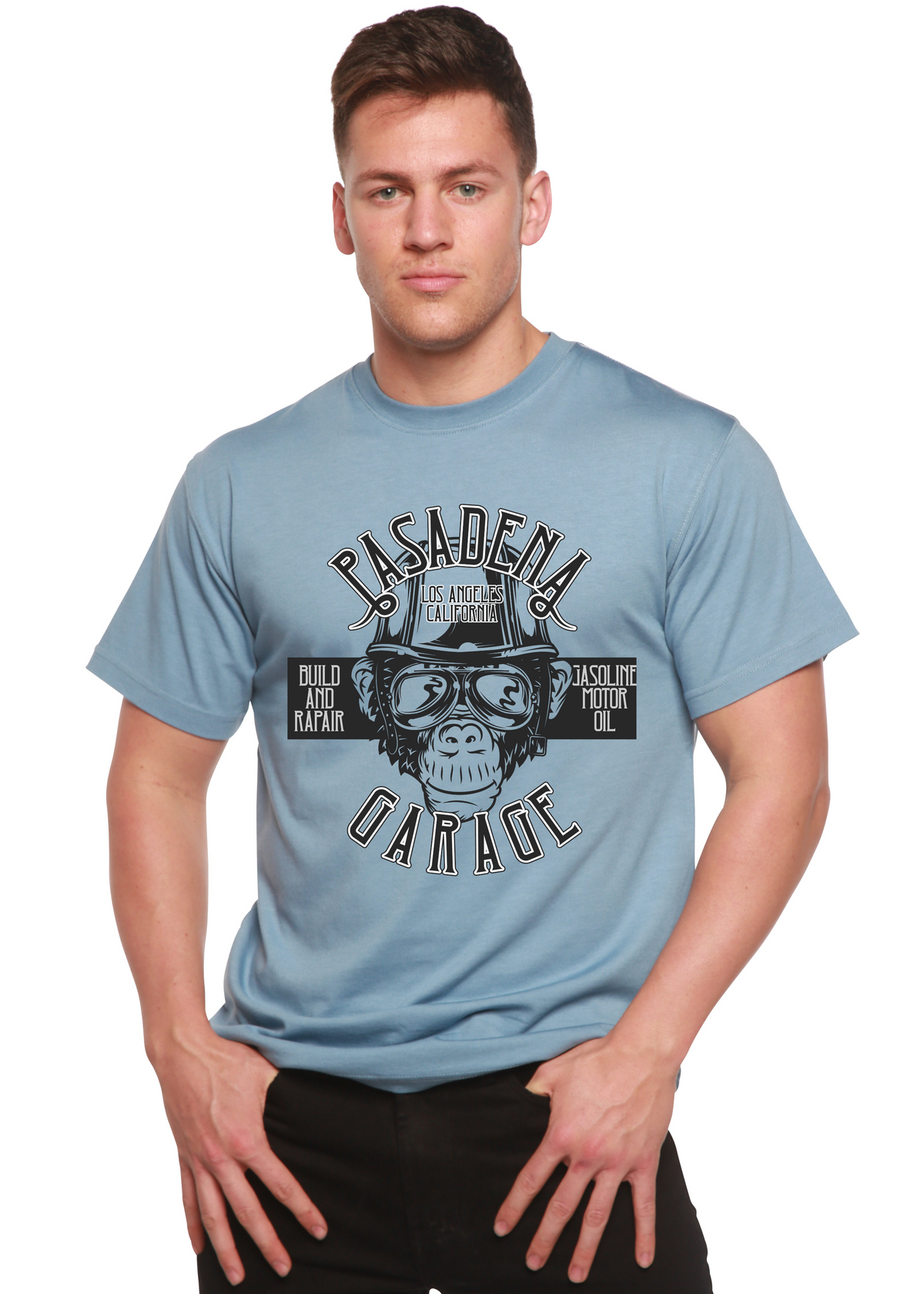 Men's Spun Bamboo Pasadena Garage graphic T-shirt made from bamboo viscose and organic cotton, featuring a printed design.