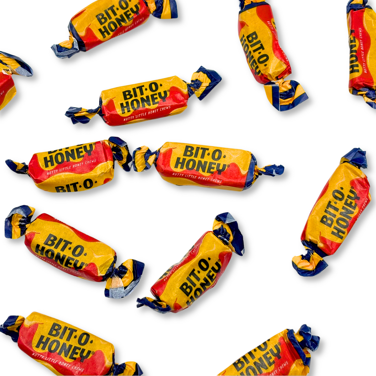 Bit-O-Honey taffy candy in a bulk value bag by Candy In Bulk, showing individually wrapped honey-flavored chewy candies.
