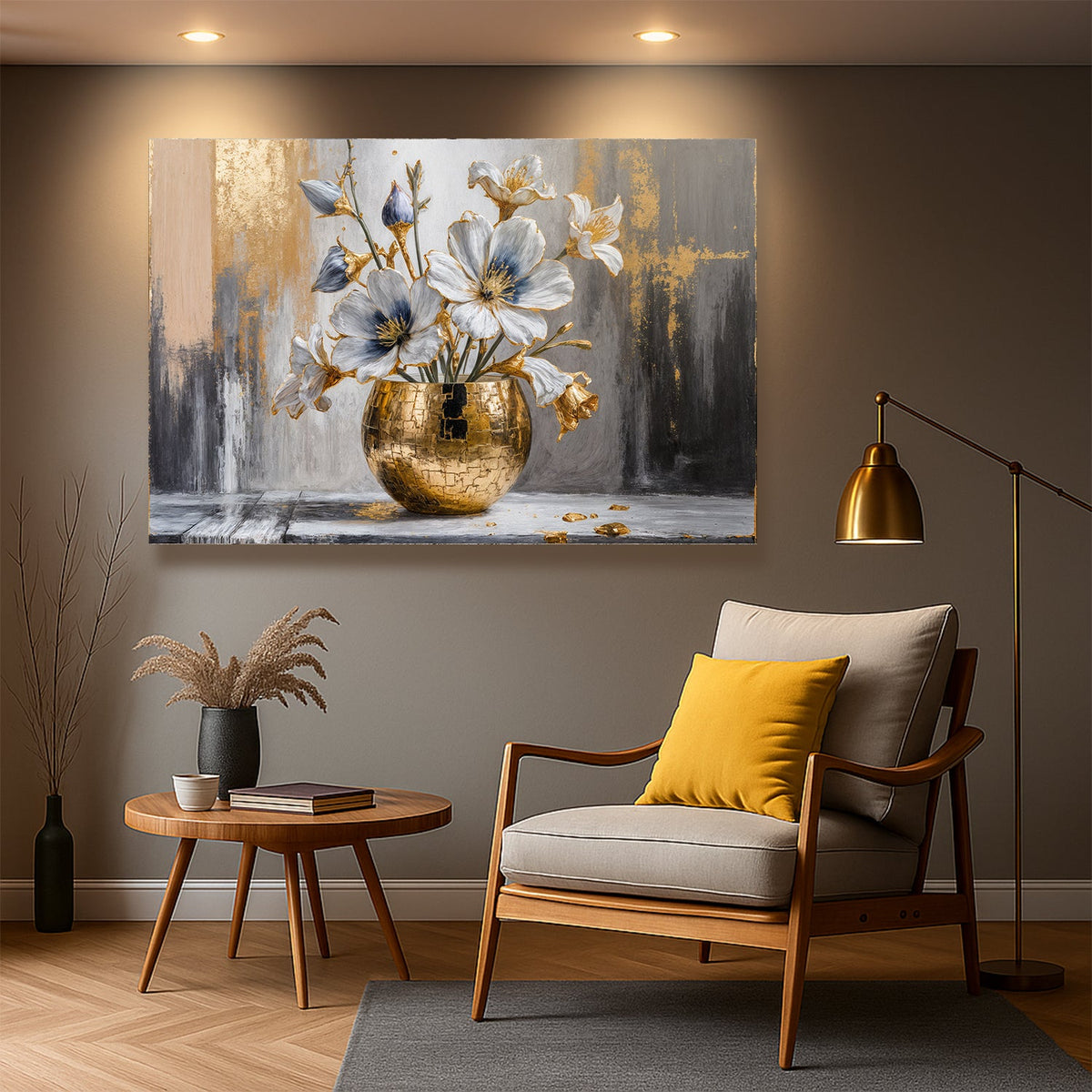 Magnolia Bloom in Gold abstract wall art on canvas, featuring vibrant floral design and modern gold accents by Tailored Canvases