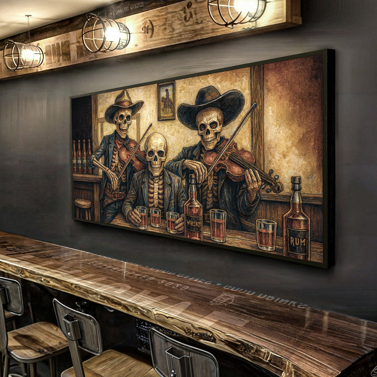 Western cowboy skeletons canvas wall art by Tailored Canvases featuring spooky skeleton figures in cowboy hats and Western attire.