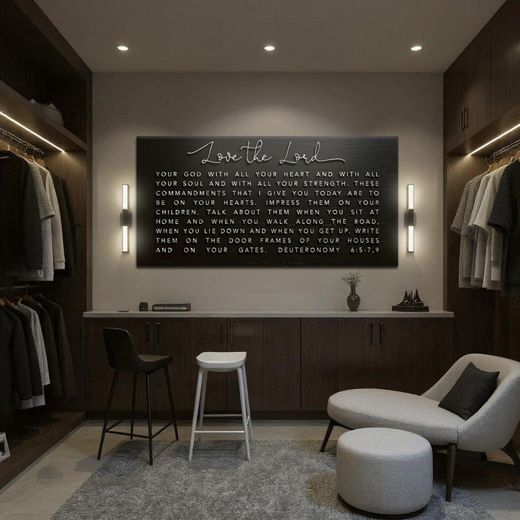 Canvas faith sign with Deuteronomy 6:5-9 quote, featuring inspirational religious text on a decorative wall art piece.