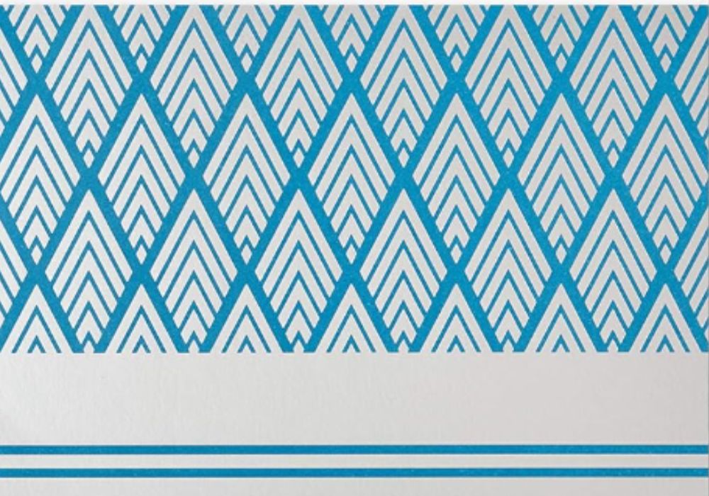 Modern Geometric Blue greeting card by Candy In Bulk featuring abstract blue and white geometric patterns.