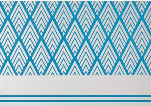 Modern Geometric Blue greeting card by Candy In Bulk featuring abstract blue and white geometric patterns.