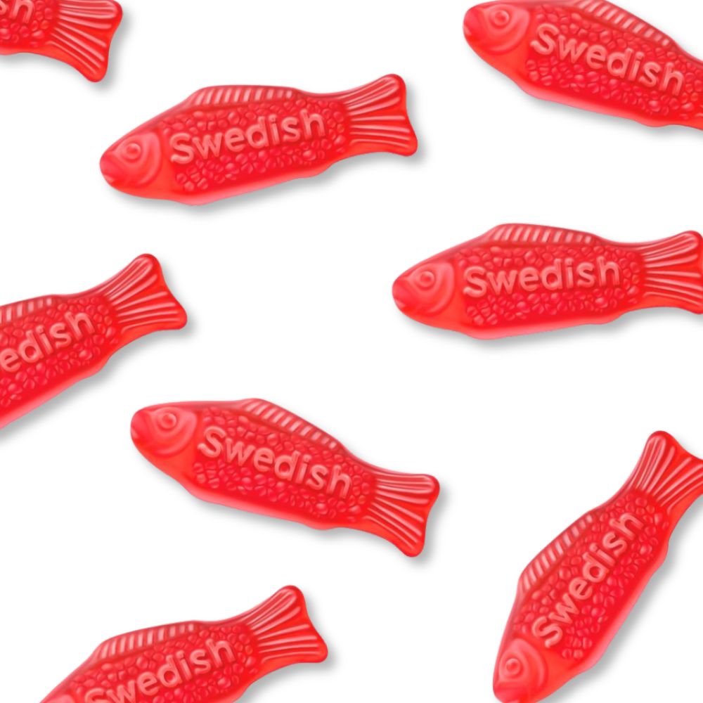 Red Swedish Fish soft and chewy candy from Candy In Bulk, shown in a bulk value bag, perfect for snacking or sharing.